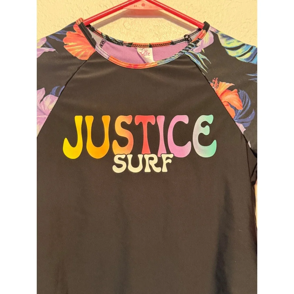 Justice Girls Retro Surf Rash Guard Swim Top Black Floral UPF 50+ Size L 12/14